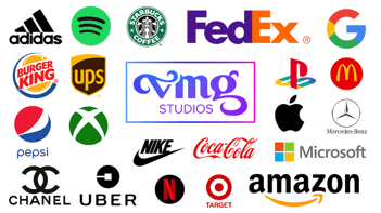 Picture of prominent brand logos such as Nike, Amazon, Microsoft, Apple, Starbucks and Google created by VMG Studios