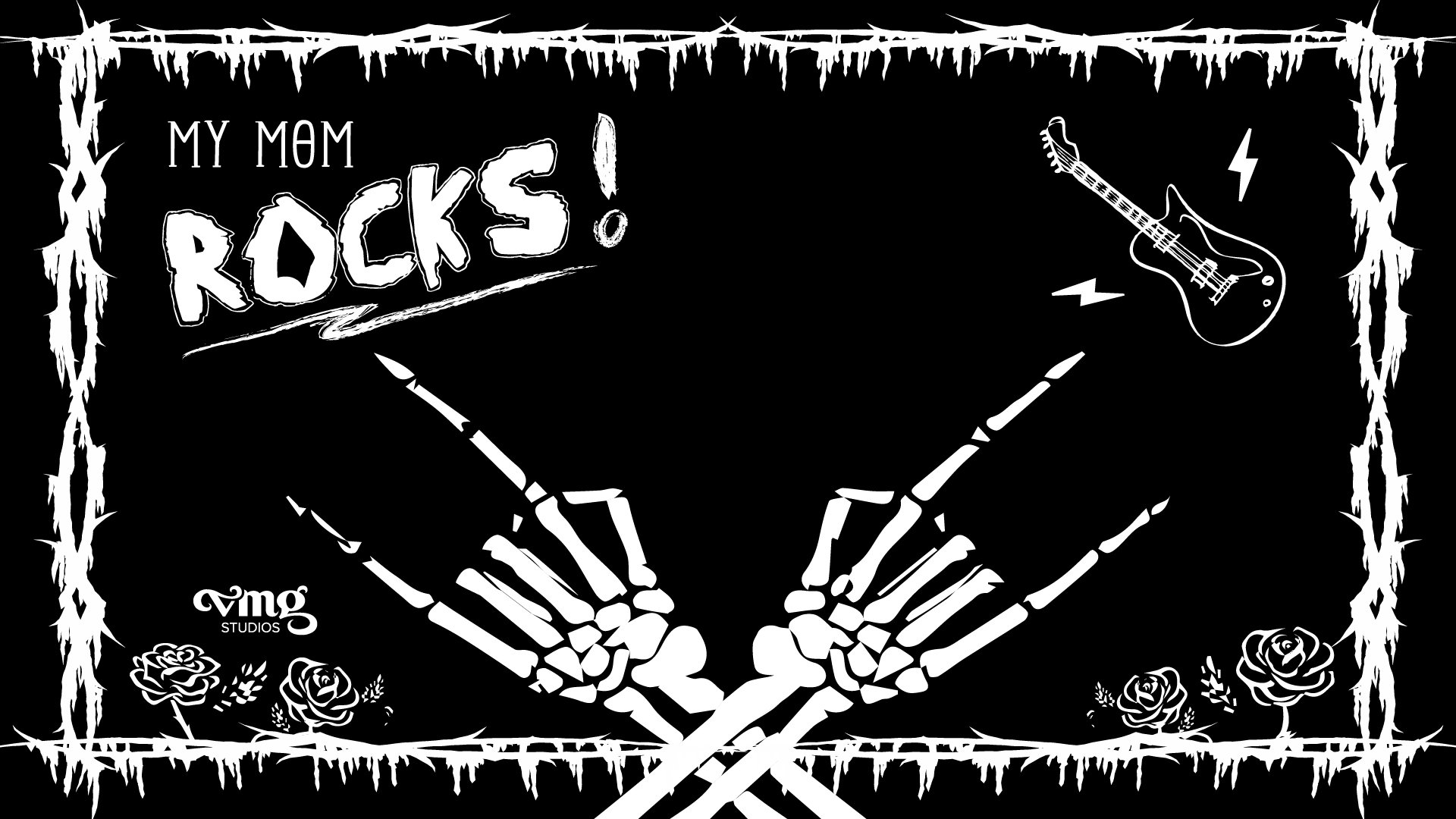 Mother's Day Zoom background with skeleton arms and a guitar with the words "My Mom Rocks!"